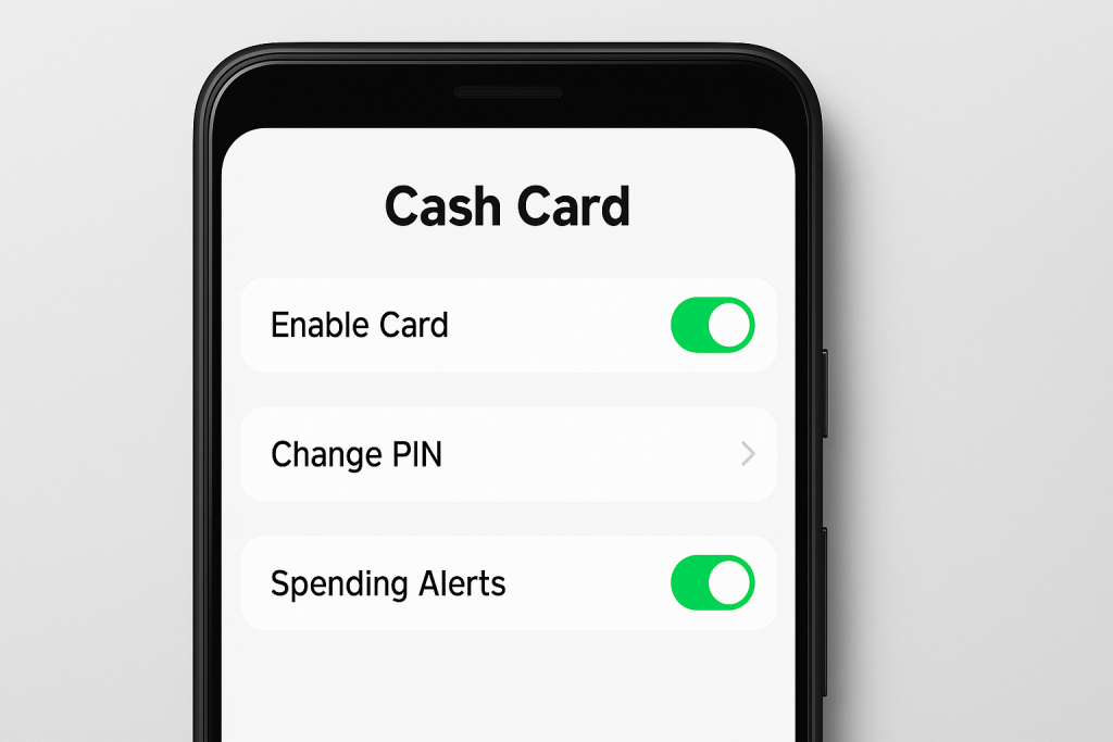 Cash App card settings screen showing security options