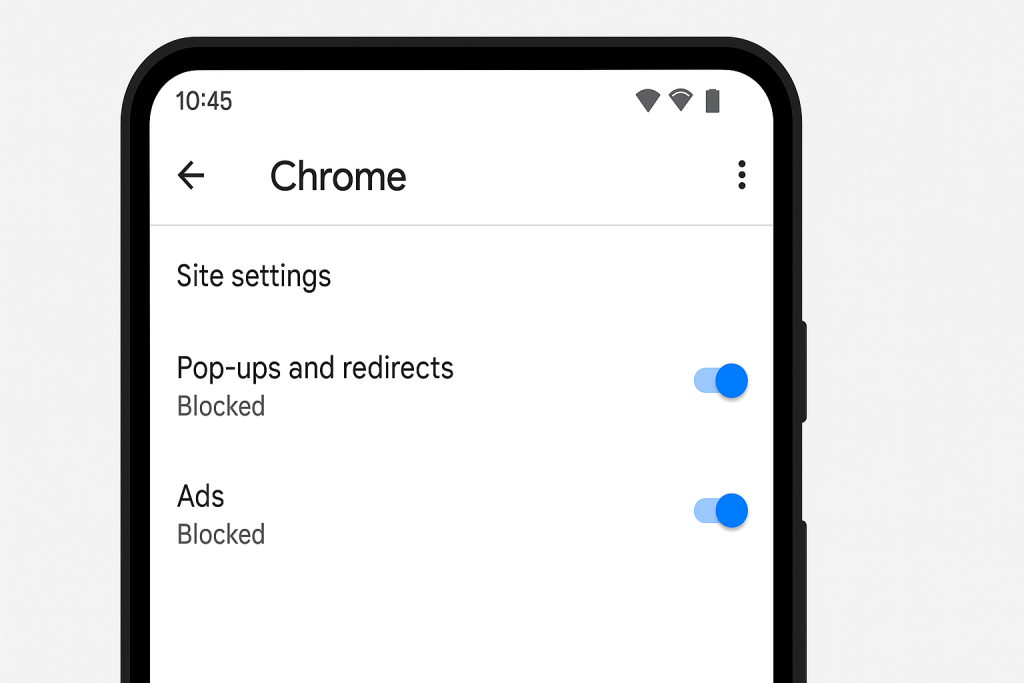 Chrome pop-up and ads settings toggled off