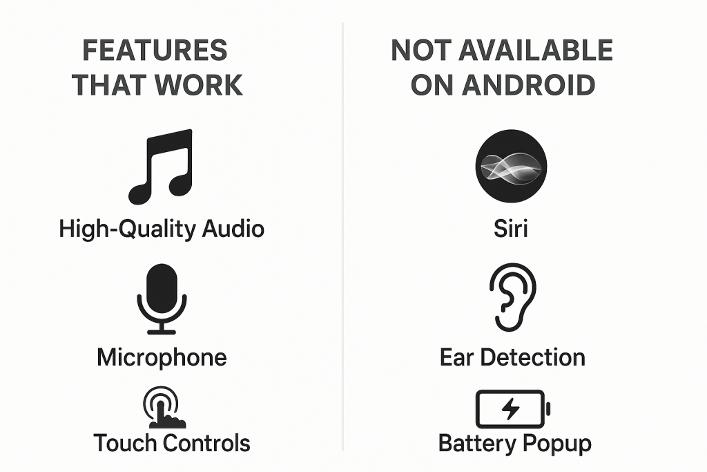 Comparison of AirPods features that work vs don’t work on Android