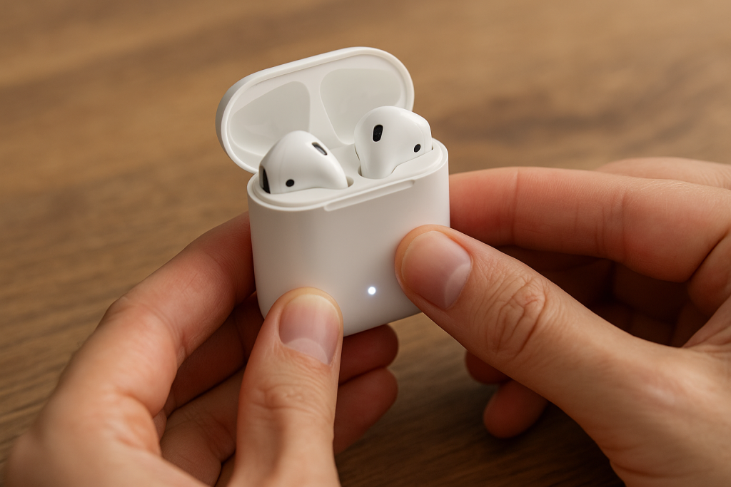 Hand pressing setup button on AirPods case with white flashing light