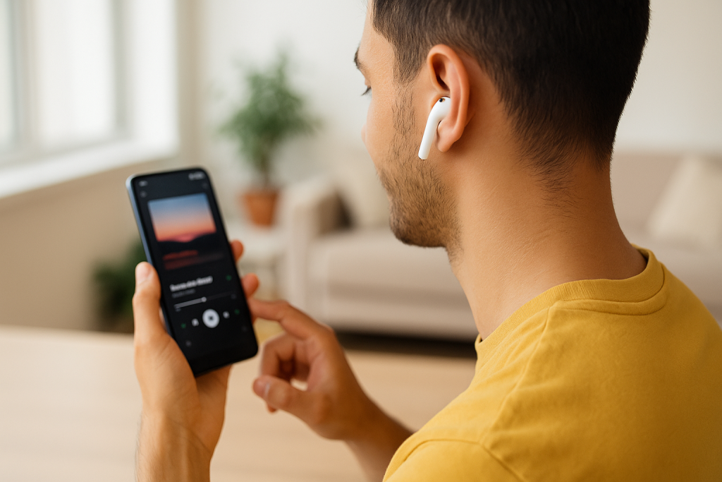 Person wearing AirPods listening to music from Android phone