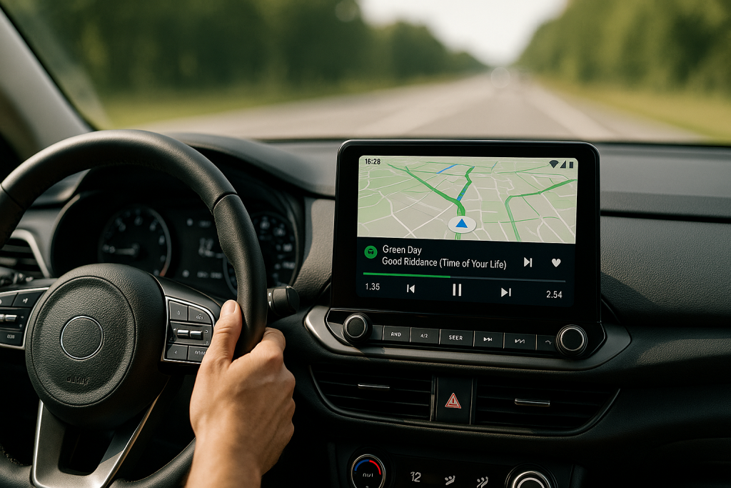 Modern car dashboard with Android Auto navigation and music screen