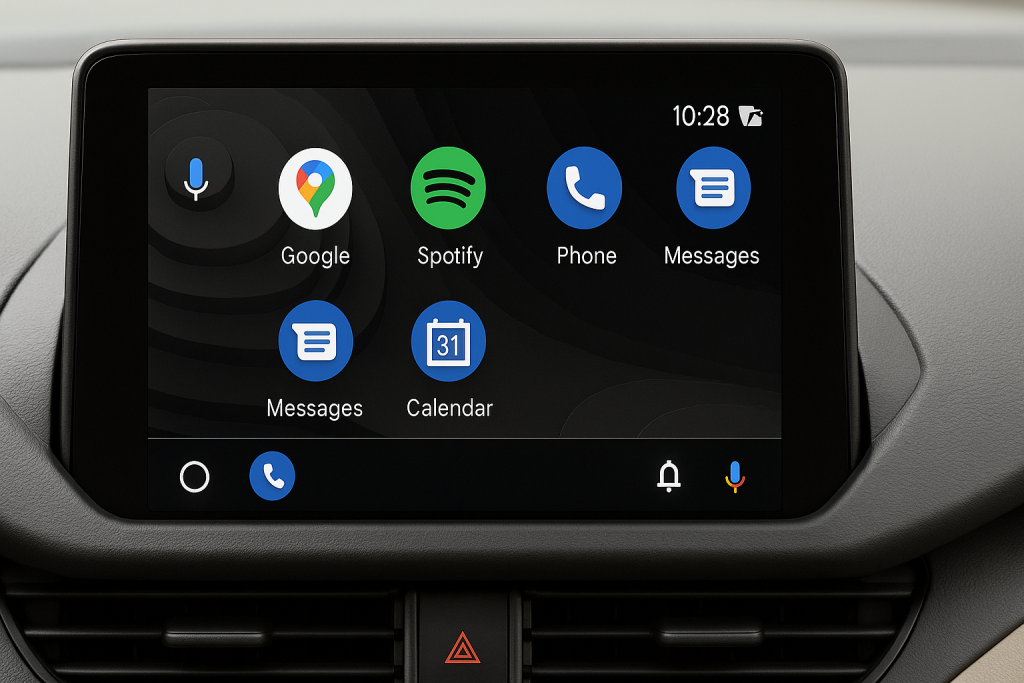 Android Auto screen with key apps and voice assistant button