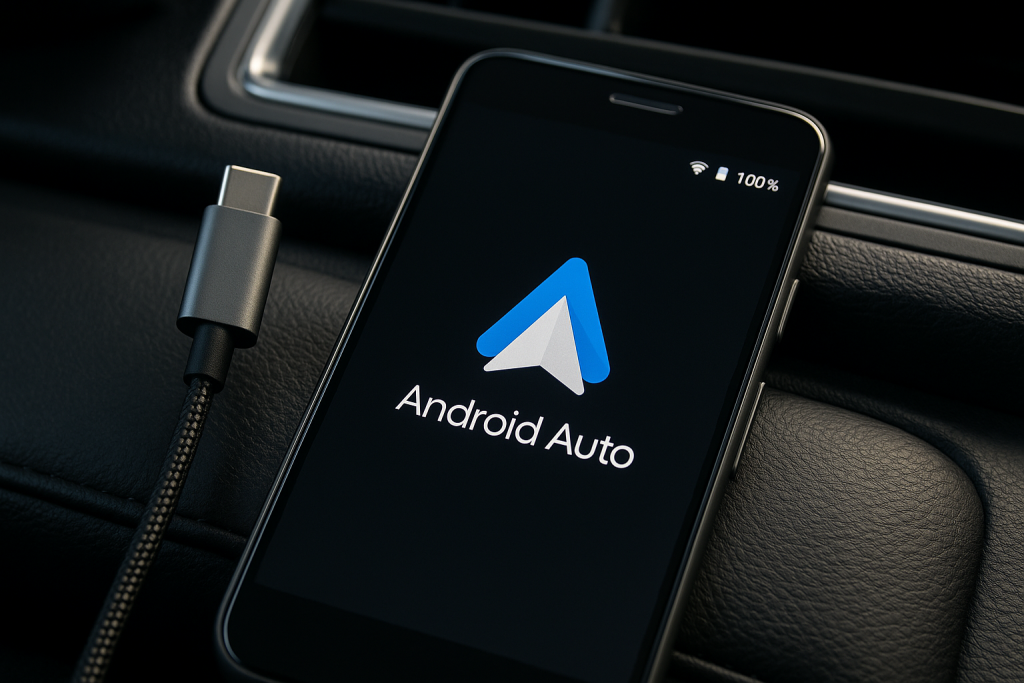 Android phone and USB-C cable ready to connect to car