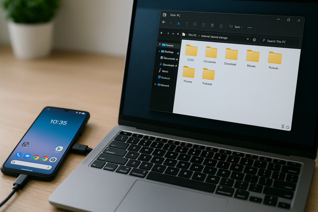 Android phone connected to laptop showing file folders