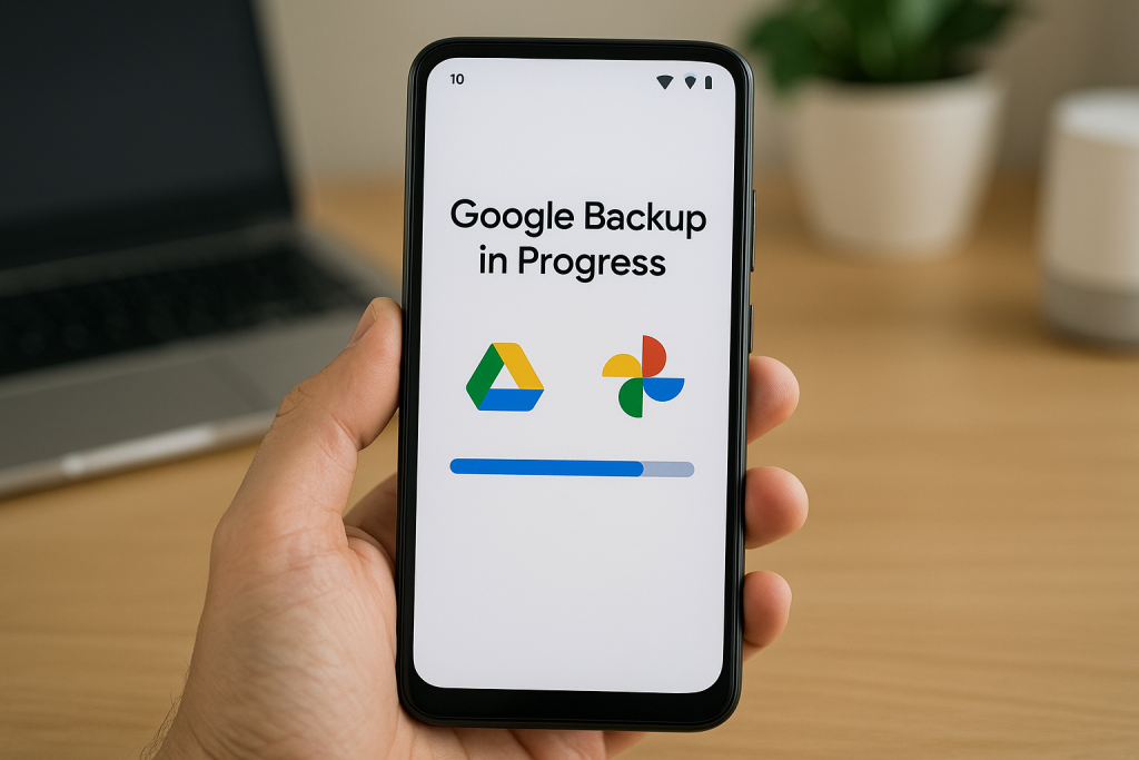 User starting Google backup on Android phone with Drive and Photos icons visible