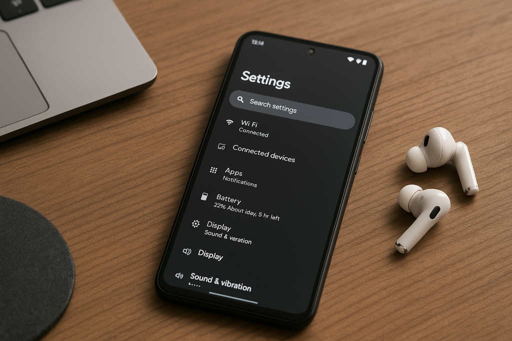 Android phone showing open Settings menu with common options.