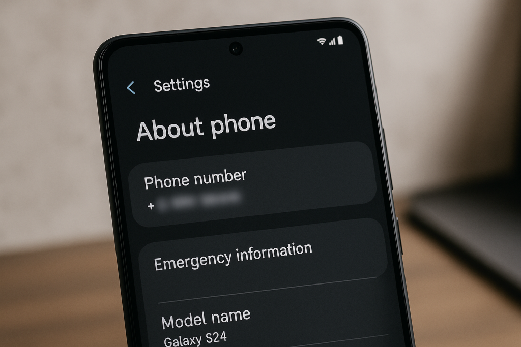 Android phone screen displaying phone number in device settings
