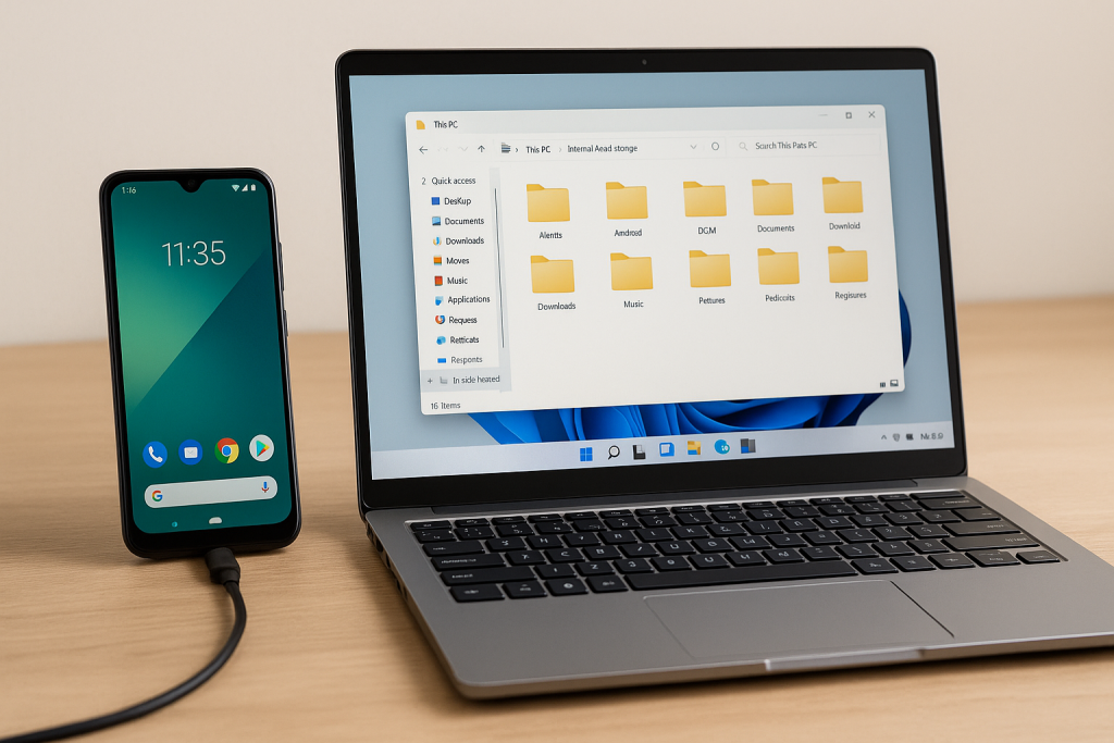 Android phone connected to laptop via USB showing file transfer