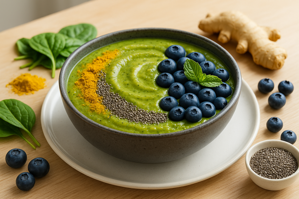 Anti-inflammatory plant-based smoothie bowl with berries and turmeric