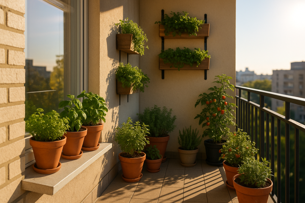 small balcony garden using sunlight and vertical planters