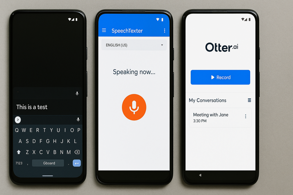 Comparison of Gboard, SpeechTexter, and Otter.ai on Android