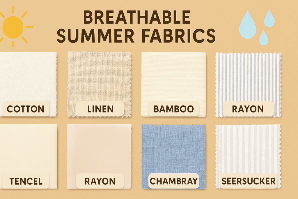Labeled swatches of top breathable summer fabrics for staying cool