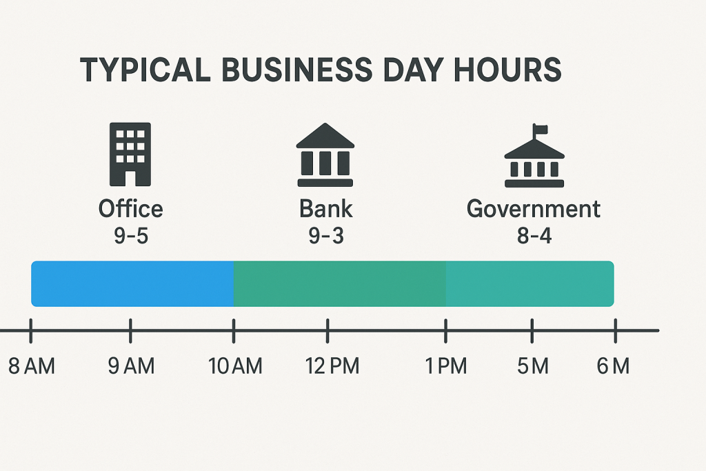 Infographic comparing business hours for offices, banks, and government