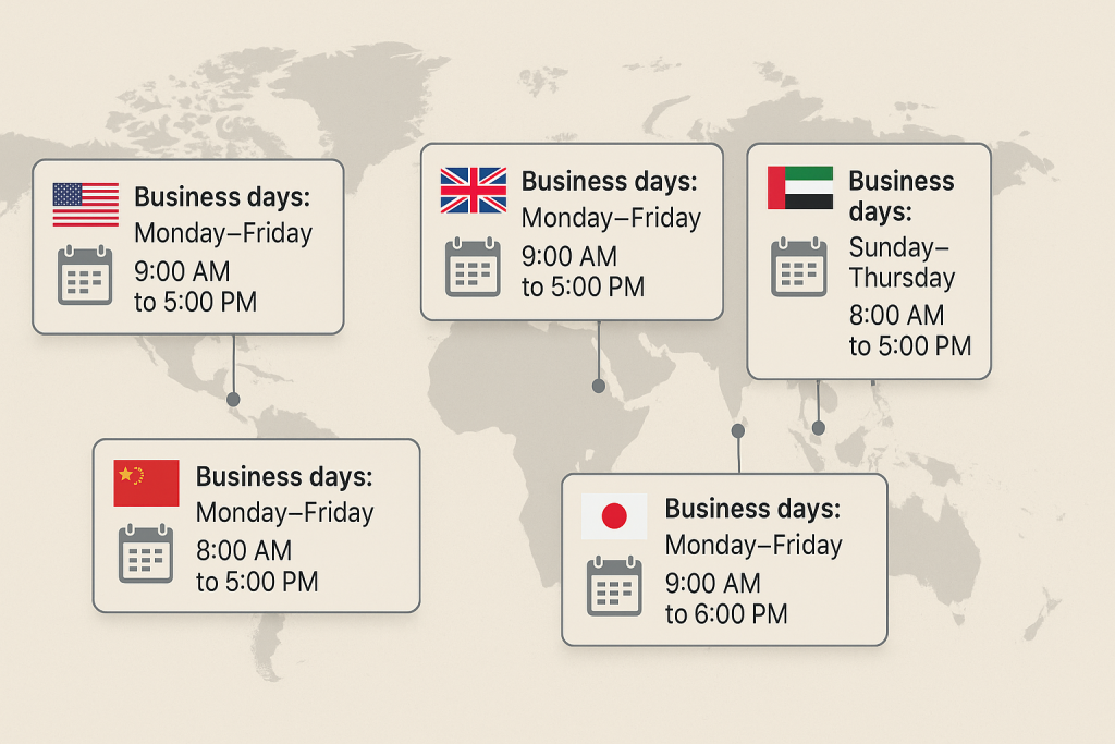 Map showing different business days in US, UK, UAE, China, and Japan