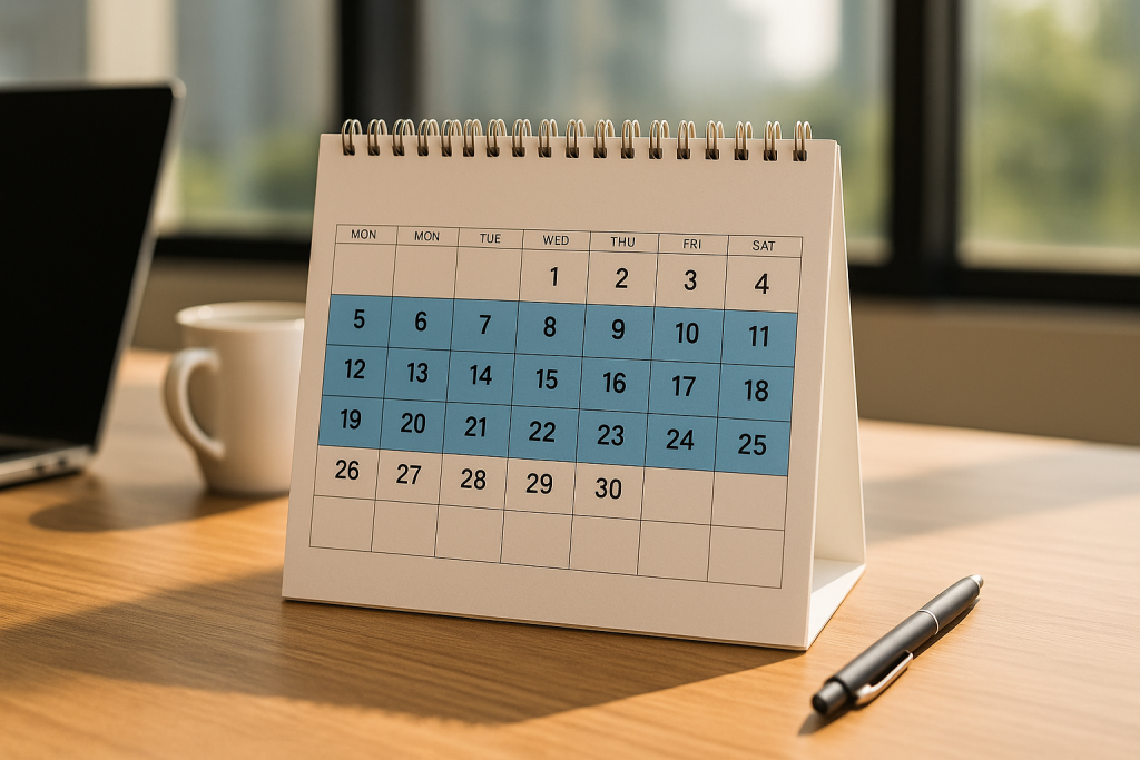 Desk calendar showing highlighted business weekdays in an office setting