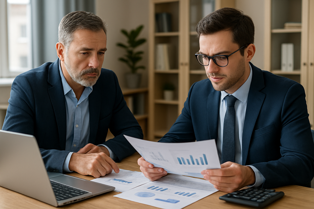 Business owner and advisor reviewing financial documents for business valuation