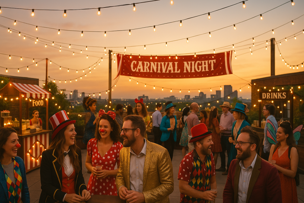Carnival-themed rooftop corporate event with food stalls and fairy lights