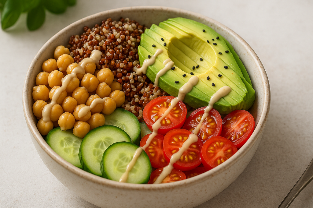 Colorful chickpea and quinoa Buddha bowl with vegetables