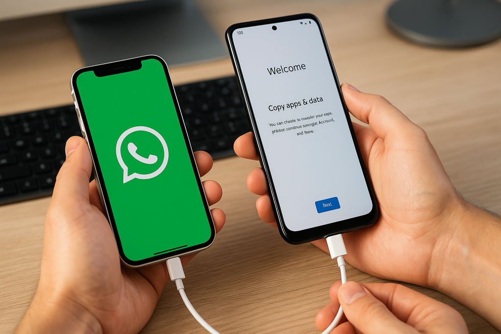 Connecting iPhone and Android with USB-C to Lightning cable for WhatsApp migration