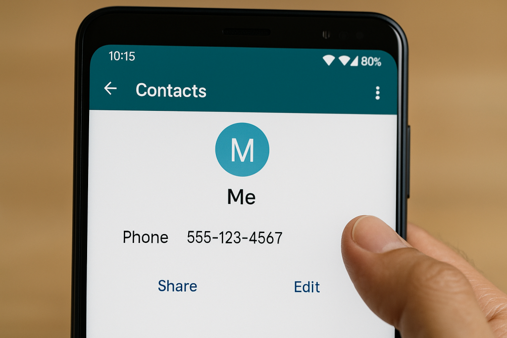 Contacts app showing user profile with visible phone number on Android