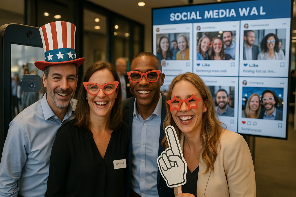 Corporate event guests using an AR photo booth with a social media wall