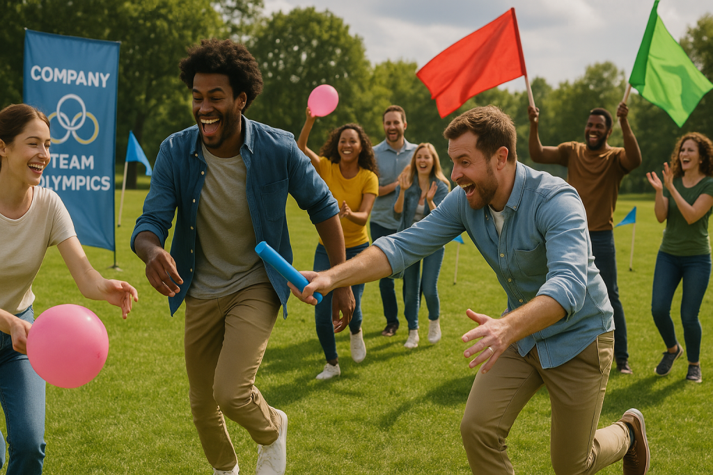 Employees competing in a fun team-building Olympics-style relay race