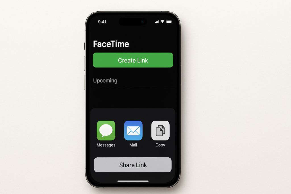 iPhone screen showing FaceTime Create Link and share options