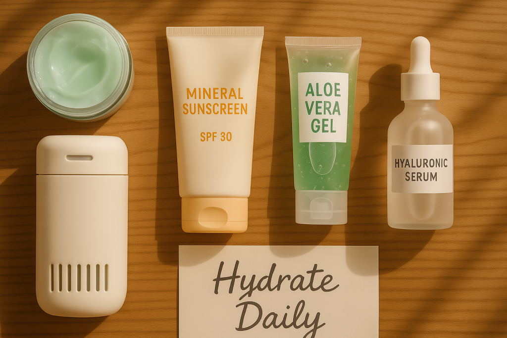 flat lay of summer skincare essentials for hydration