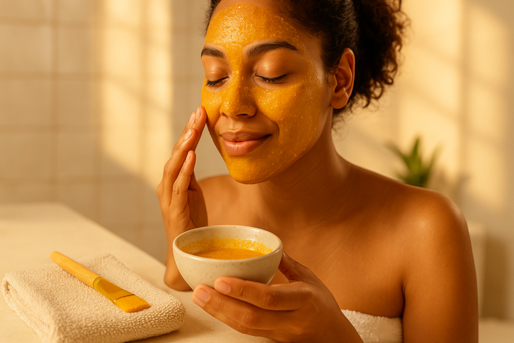 Woman using turmeric and honey face mask for radiant summer skin.
