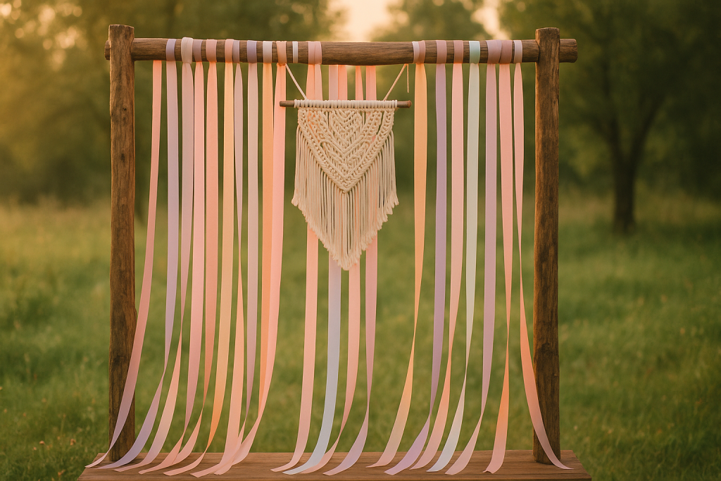 Macramé and ribbon DIY wedding photo backdrop outdoors