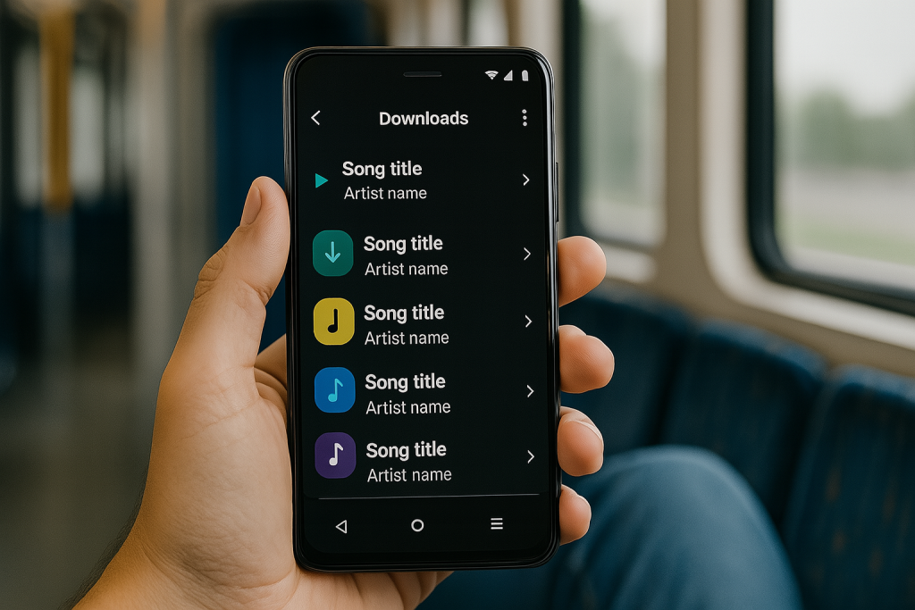 Android phone showing offline music playlist during commute