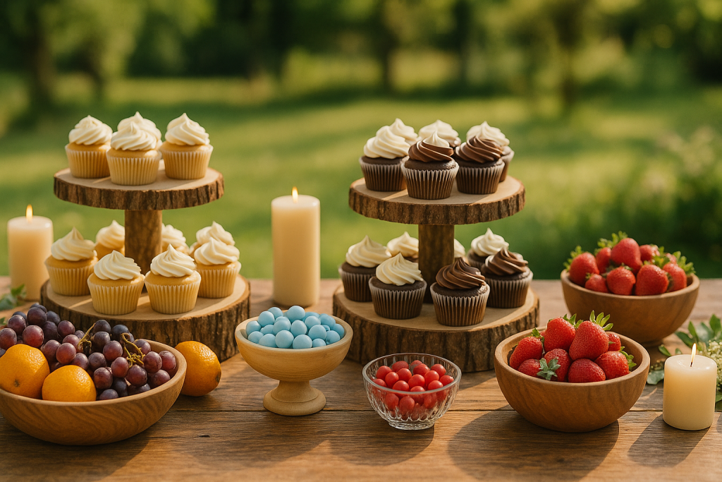 Rustic wedding dessert table with cupcakes, fruit, and candies
