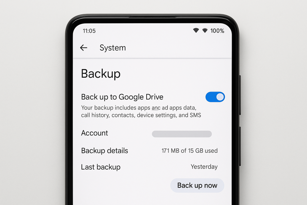 Android settings showing Google Drive backup enabled with Wi-Fi connection