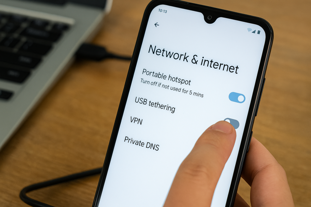 Turning on USB tethering on Android phone