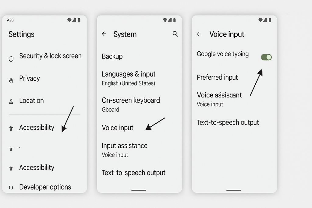 Android Settings screen showing Google Voice Typing enabled