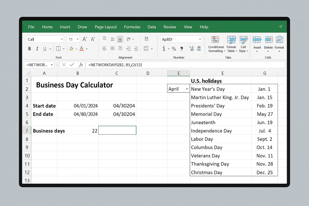 Excel spreadsheet using NETWORKDAYS formula to calculate business days