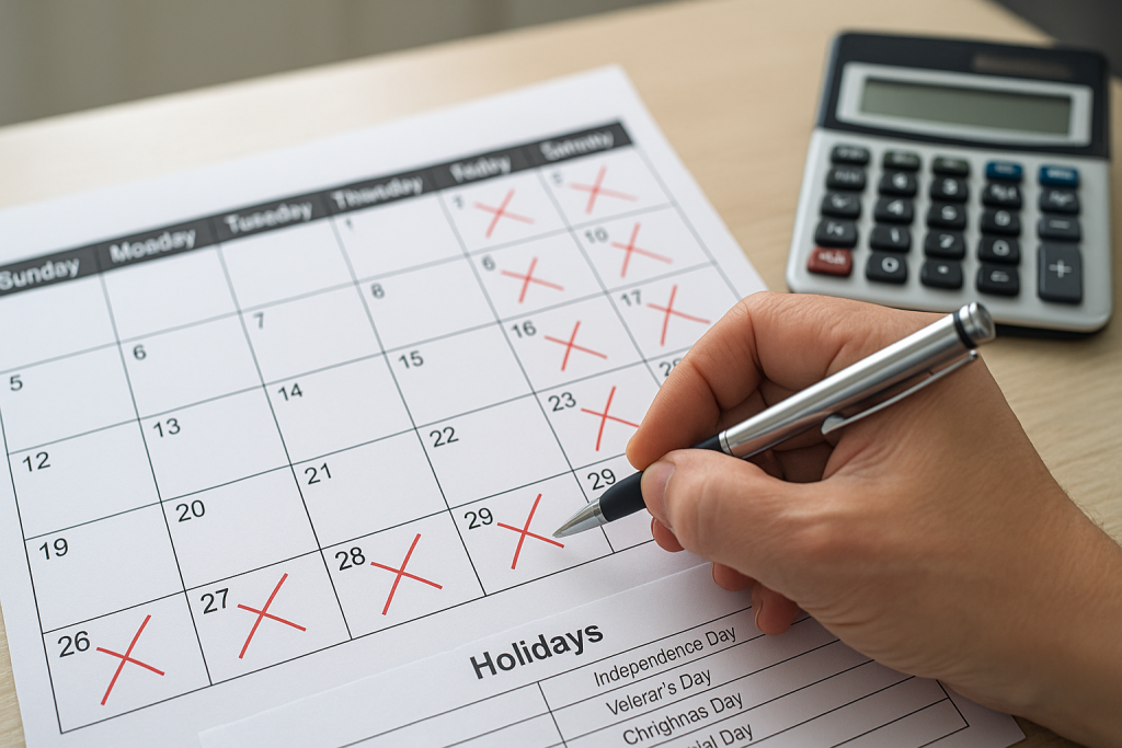 Hand marking weekends and holidays on printed monthly calendar
