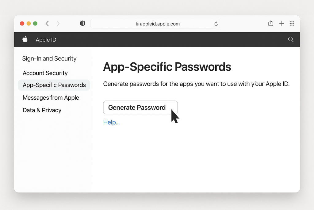 Screenshot showing Apple ID page generating an app-specific password