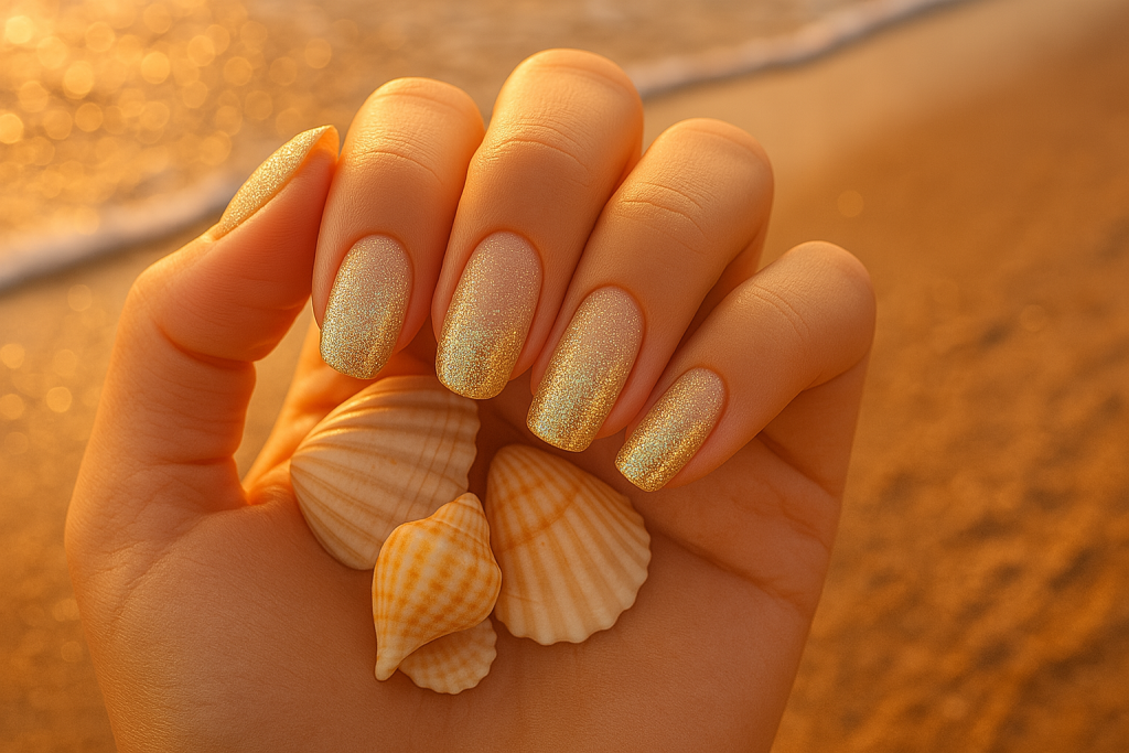 Glitter beach nails with sand effect and seashells