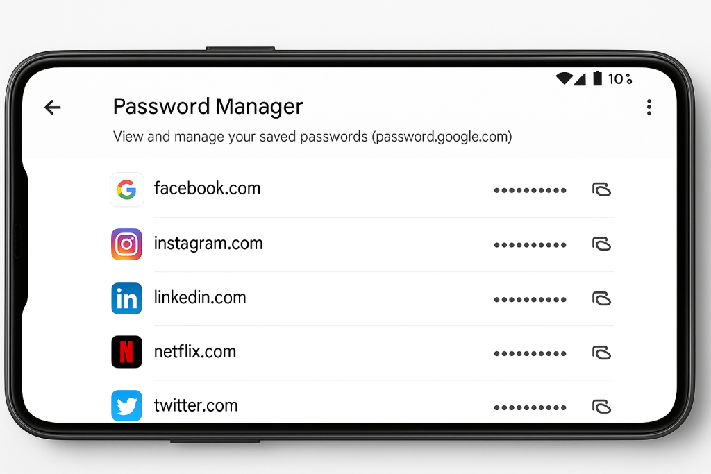 Google Password Manager showing list of saved passwords on Android