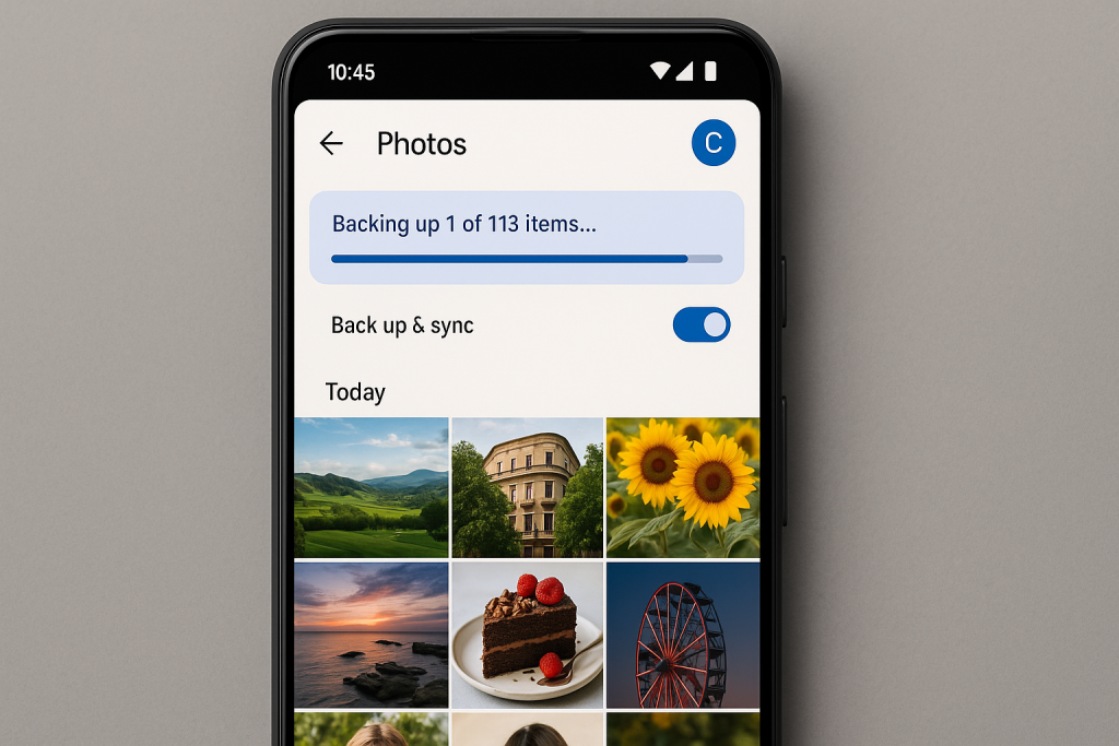 Google Photos auto backup in progress on Android phone