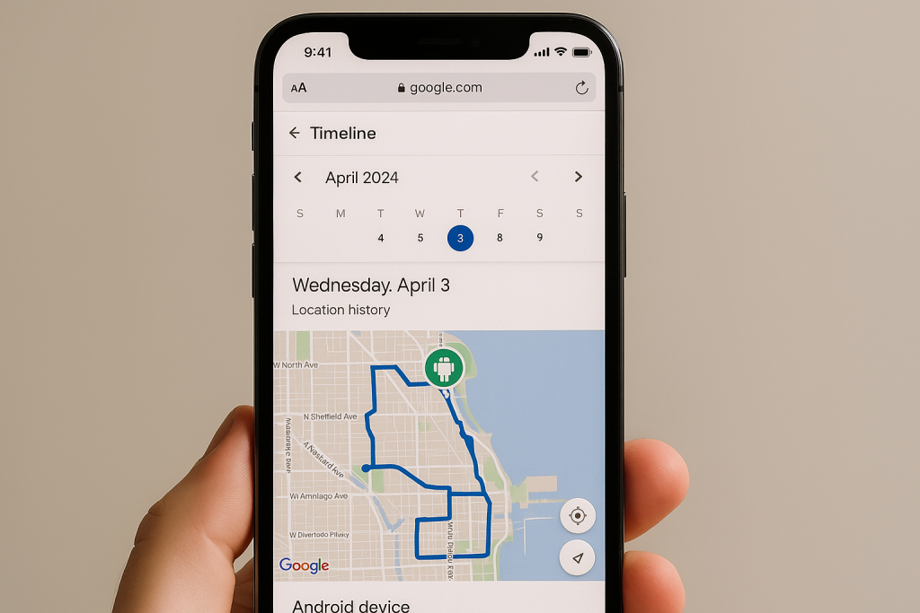 Google Maps Timeline showing Android phone's location history on iPhone