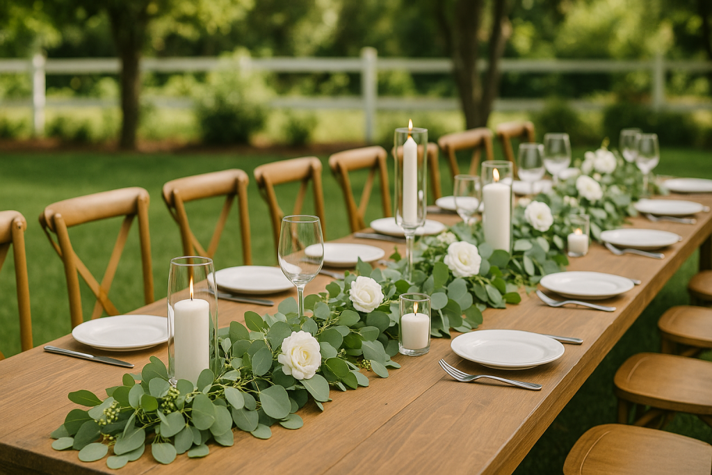 Eucalyptus greenery and white flowers used in elegant wedding decor