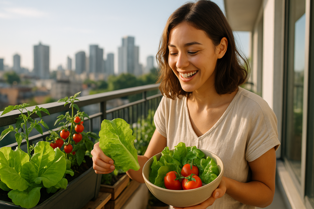 woman harvesting fresh produce from balcony garden