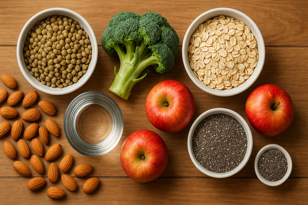 Selection of high-fiber plant-based foods on a table