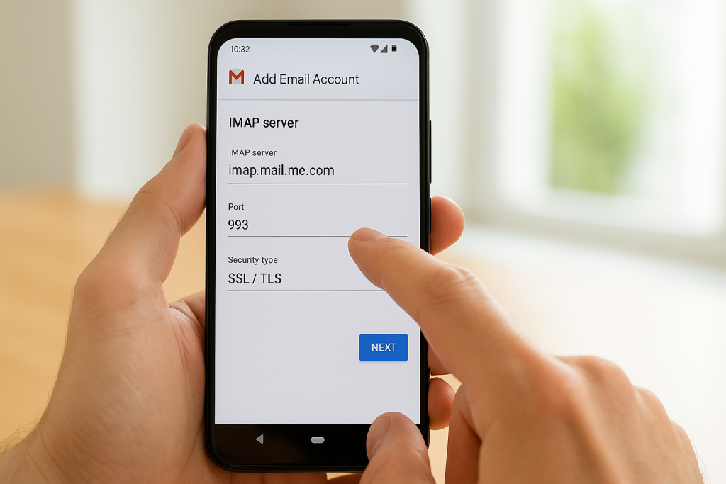 Gmail app on Android showing iCloud IMAP server configuration