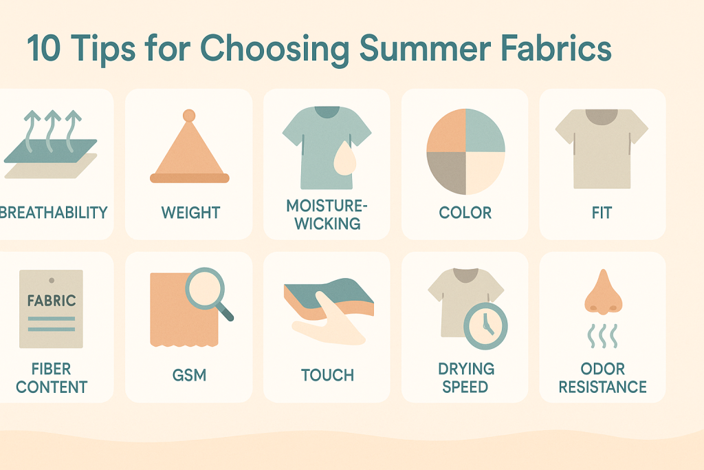Infographic with 10 essential tips for selecting summer fabrics for hot weather comfort