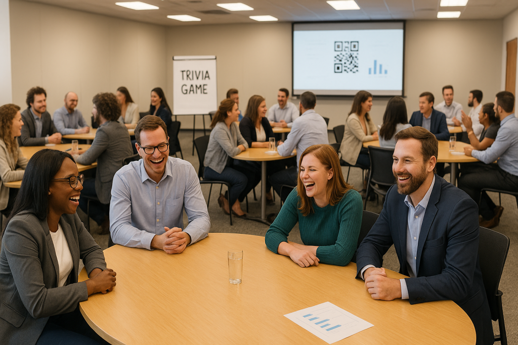 Employees playing a trivia game at a corporate event in small teams