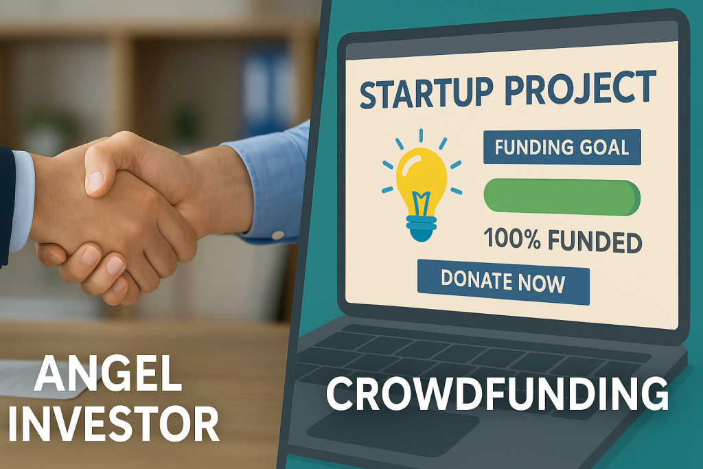 Angel investor handshake and successful crowdfunding campaign
